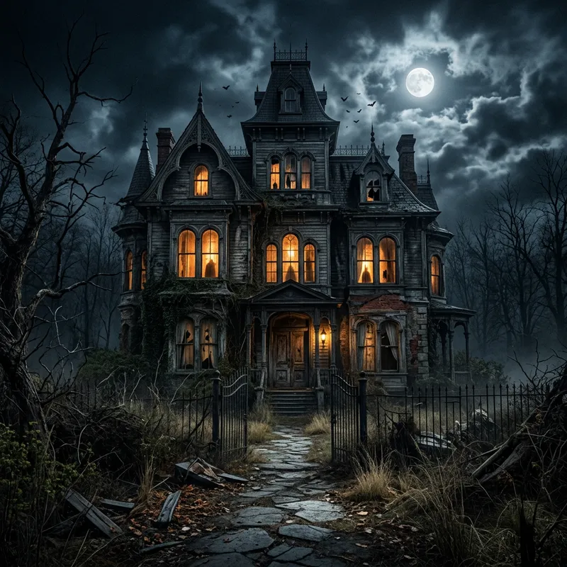 Spooky Haunted House with Big Windows