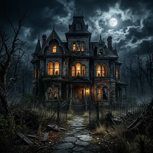 Spooky Haunted House with Big Windows