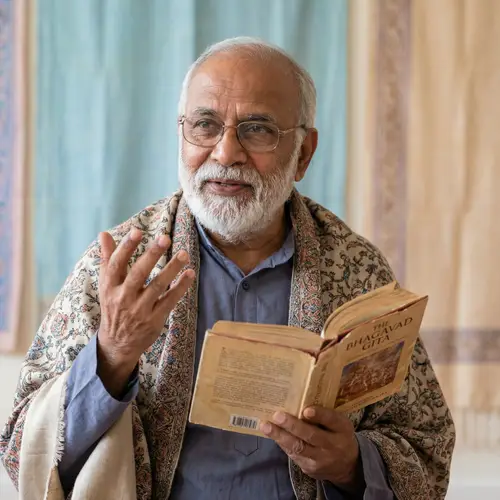 Elderly South Asian Man Discussing Sacred Text | Wisdom & Calm