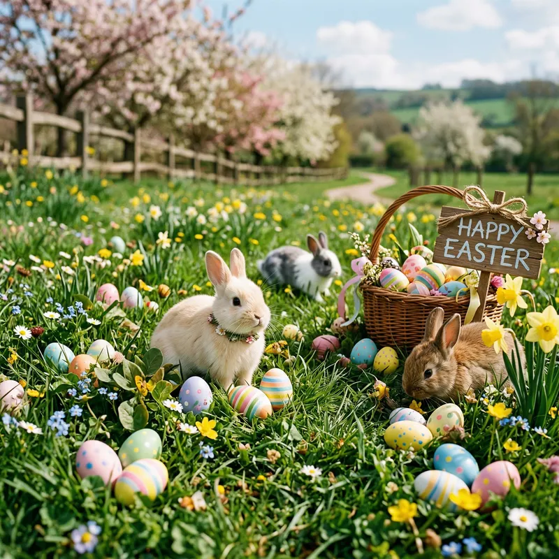 Decorate with Colorful Eggs and Bunnies in Grass