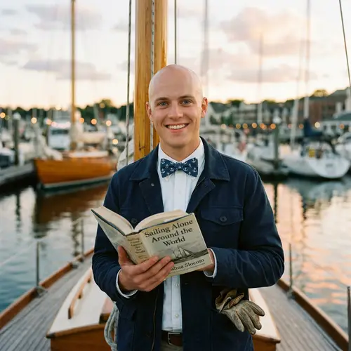 Youthful Skipper with Book: Confident Bald Head & Blue Eyes