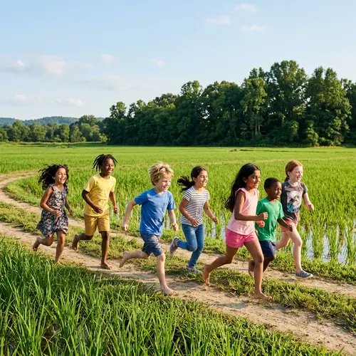 Children Running Joyfully by Lush Green Rice Field