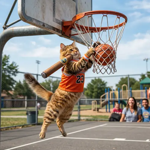 Playful Cat Dunking Basketball - Amusing Cigar Scene