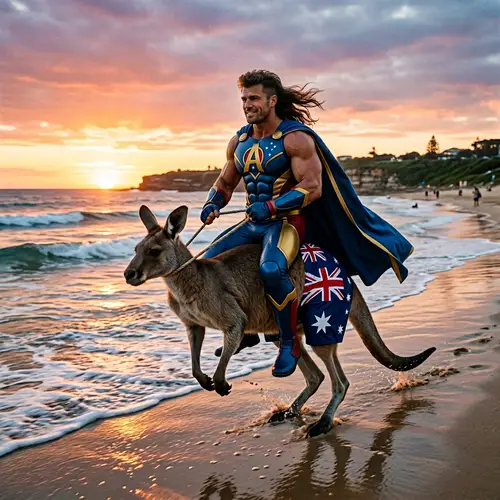 Australian Superhero Riding Kangaroo on Beach | Superhero Adventures