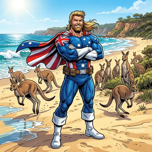 Mullet-Haired Australian Superhero on Beach with Kangaroo Squad