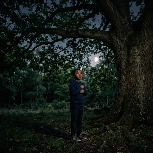 Emotional Black Boy Crying Under Night Tree