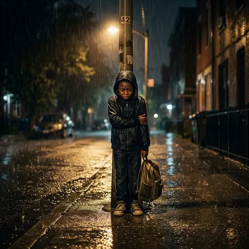 Crying African Boy in Rain Under Street Light