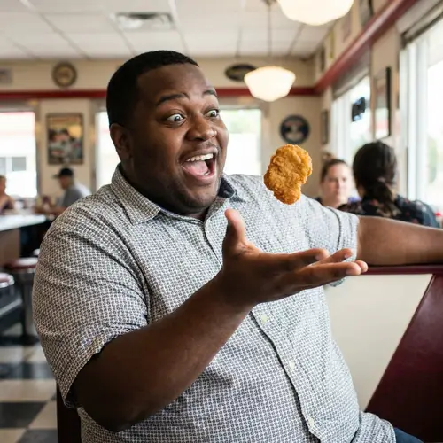 Surprised Overweight African American with Hovering Chicken Nugget