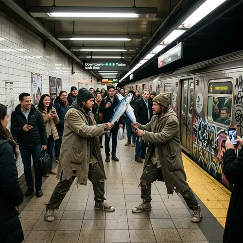 Surreal Fish Sword Duel in Subway Station: Urban Peculiarities
