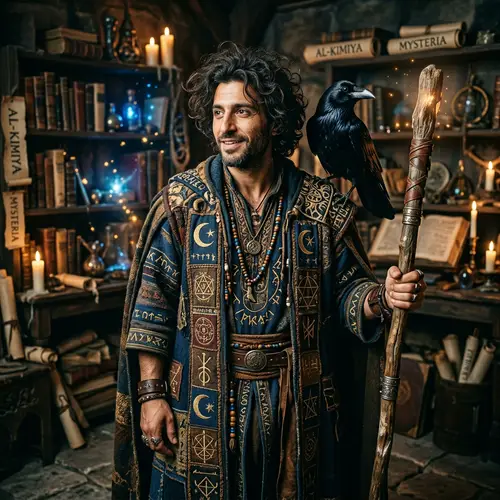 Mystical Mage with Raven and Rustic Staff