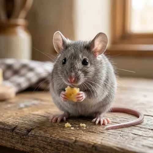 Cute Tiny Grey Mouse Nibbling Cheese
