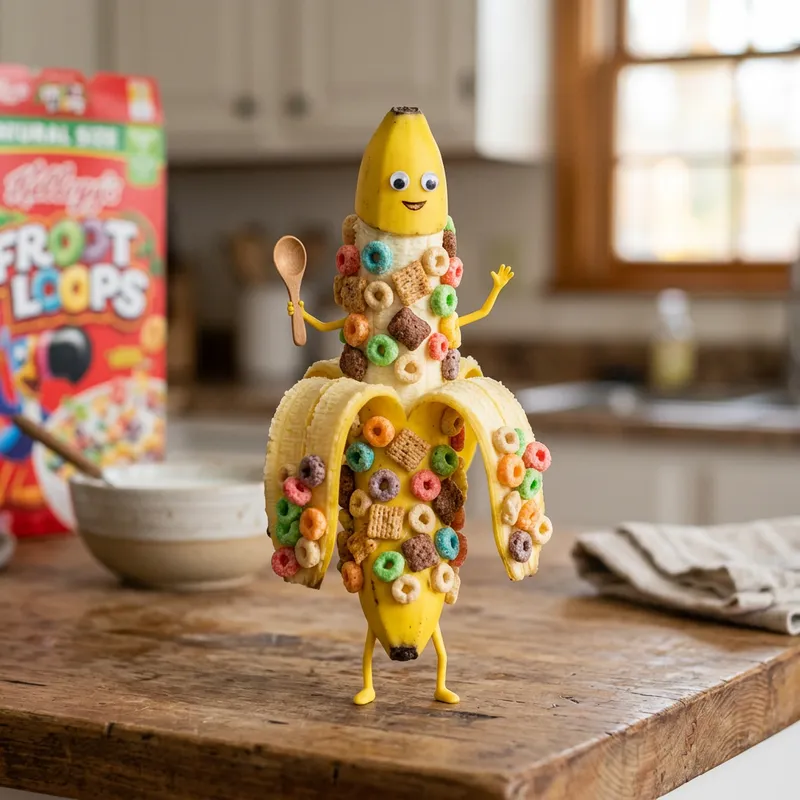 Funny Half Peeled Banana with Cereal Arms & Legs Funny Half Peeled Banana with Cereal Arms & Legs