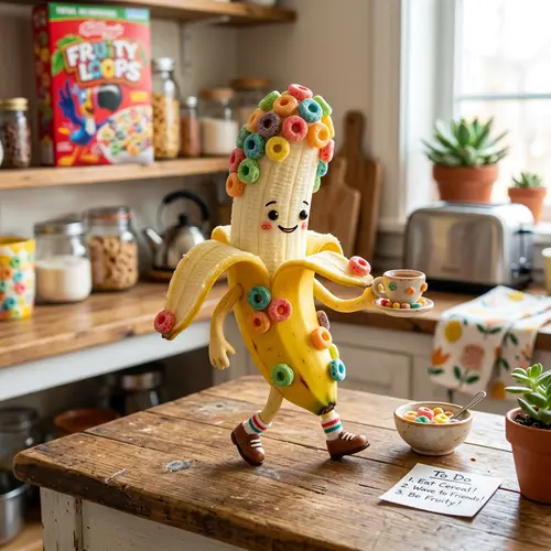 Whimsical Half-Peeled Banana Character with Fruit Loops