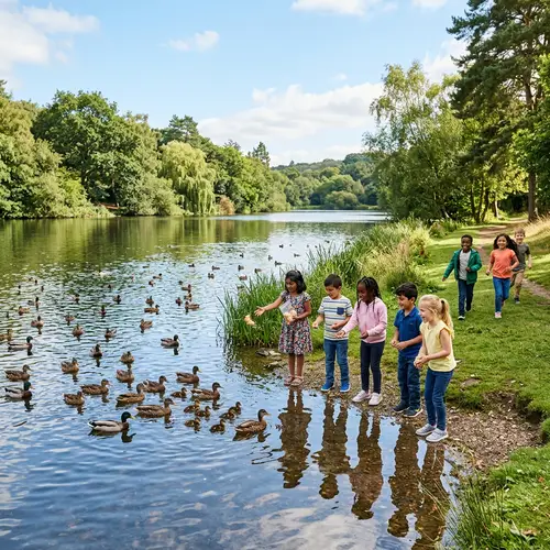 Diverse Group of Children Playing by Lake with Ducks