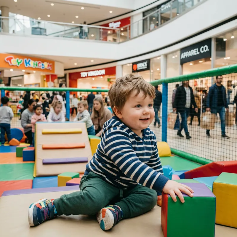 Chubby Child with Narrow Eyes Playing in the Mall