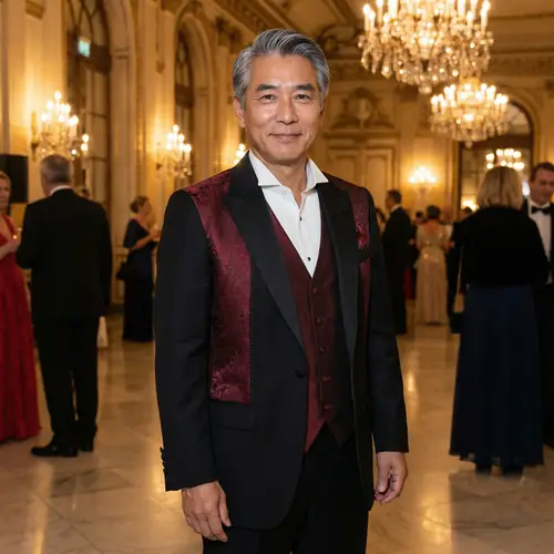 Regal Asian Man in Stylish Black and Red Tuxedo