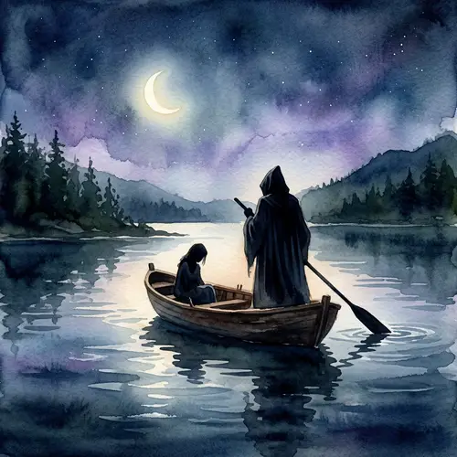 Ethereal Watercolor Painting: Mysterious Figure in Boat