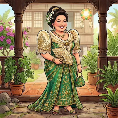 Elegant Filipiniana Dress Caricature Artwork