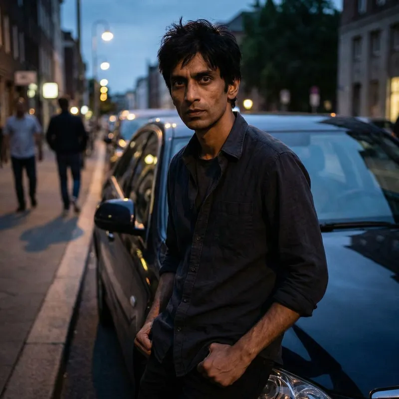 Confident Young Man Posing by Black Car Confident Young Man Posing by Black Car