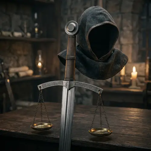 Medieval Sword with Hanging Scales and Assassin's Hood