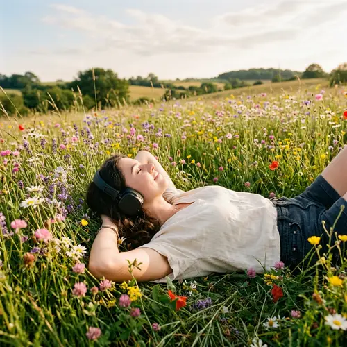 Woman Relaxing in a Flower Field with Headphones
