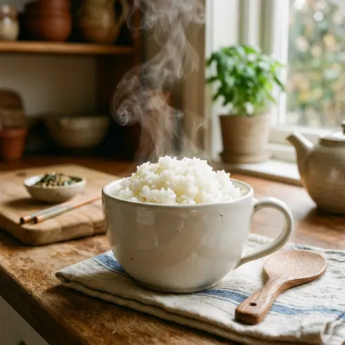 Fluffy Steaming White Rice in Ceramic Cup