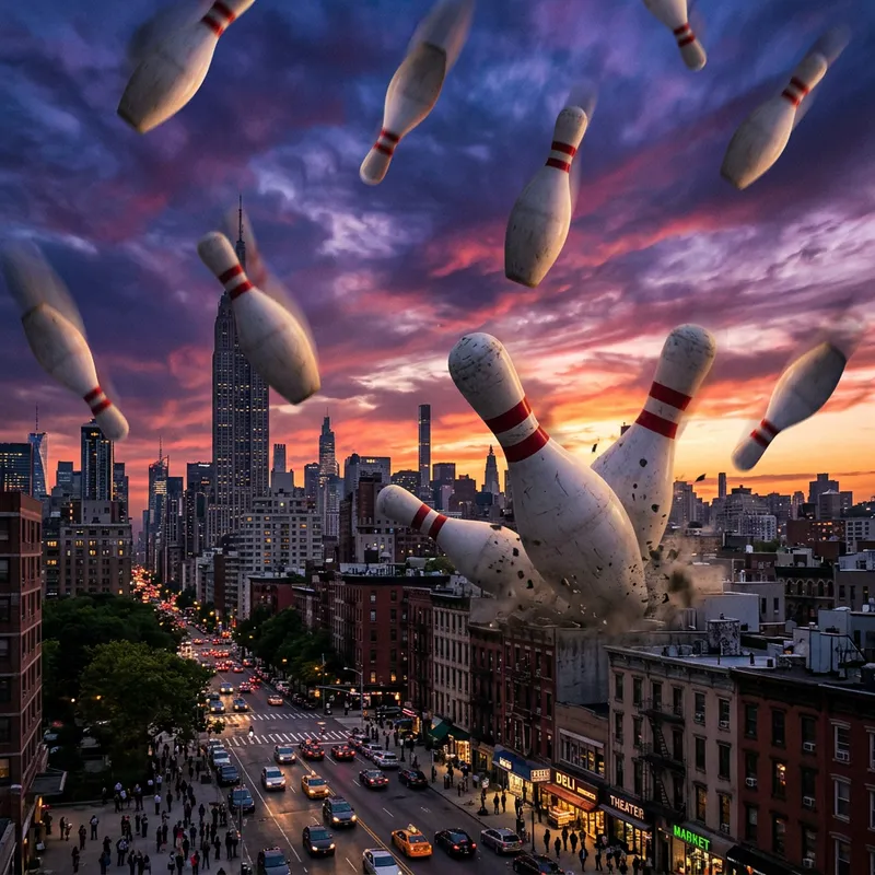 Surreal Giant Bowling Pins Falling from the Sky