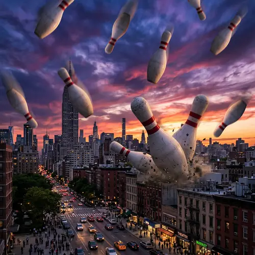 Giant Bowling Pins Falling: Surreal Scene in the Sky