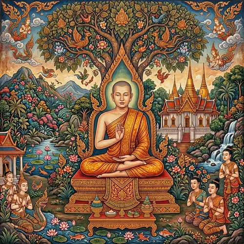 Traditional Thai Art: Serene Buddhist Monk Meditating