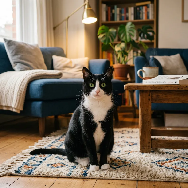 Adorable Domestic Short-Haired Cat Poses in Cozy Living Room