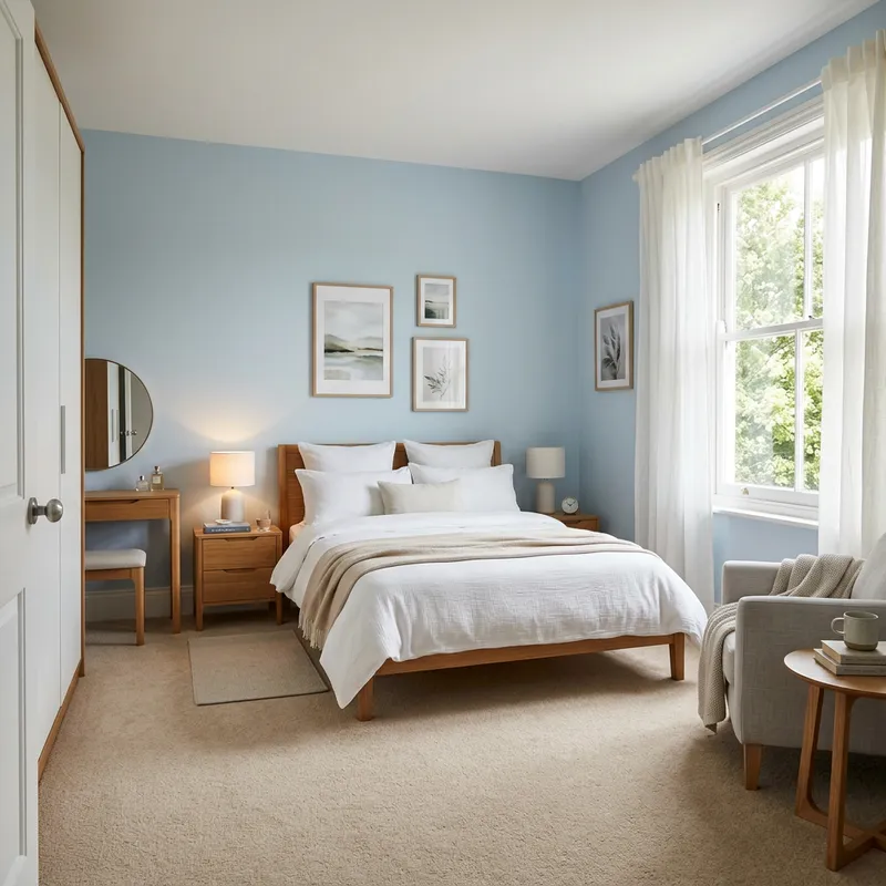 Cosy and Serene Bedroom Design in Soft Pastel Blue Palette