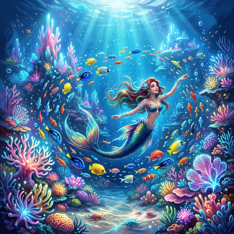 Mystical Underwater Mermaid Scene with Vibrant Coral & Fish
