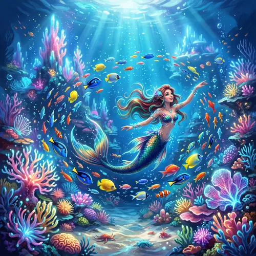 Fantastical Underwater Panorama with Mermaid and Tropical Fish