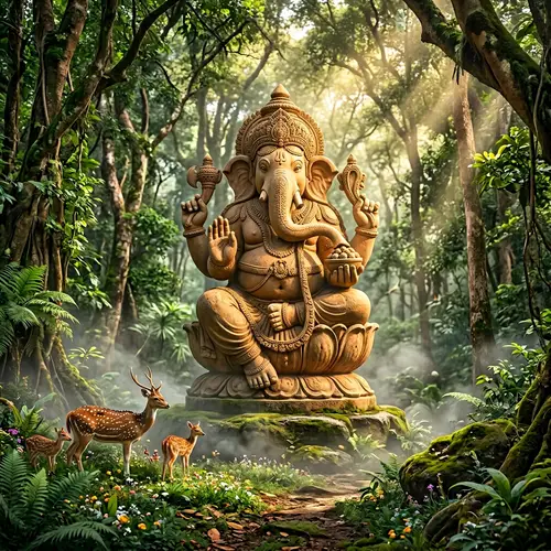 Majestic Ganesha Statue in Serene Forest | Hindu Deity Sculpture