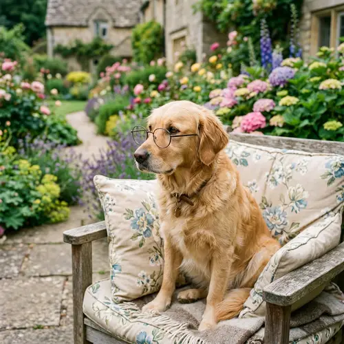 Charming Dog with Glasses in a Serene Garden
