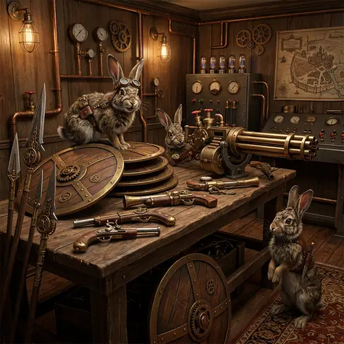 Steampunk Security Room with Intricate Weaponry and Wild Warrior Rabbits