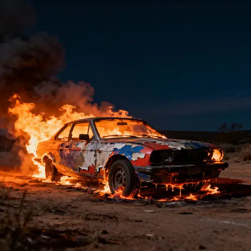 Car Fire: Flames and Smoke at Night