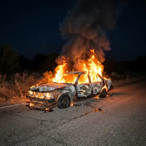 Car Fire: Flames and Smoke at Night