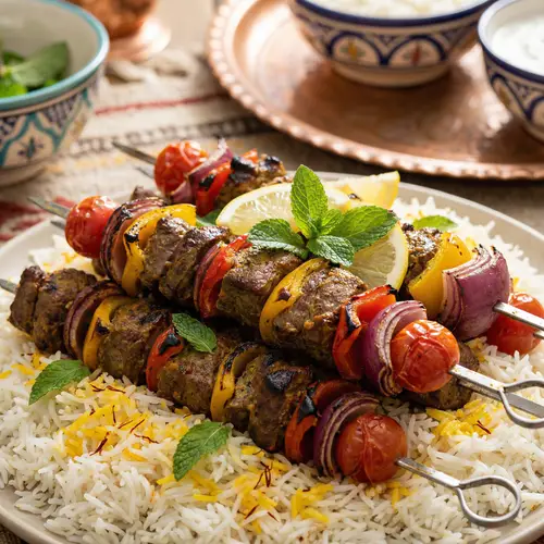 Delicious Kebabs on Basmati Rice Bed - Grilled Middle Eastern Delight
