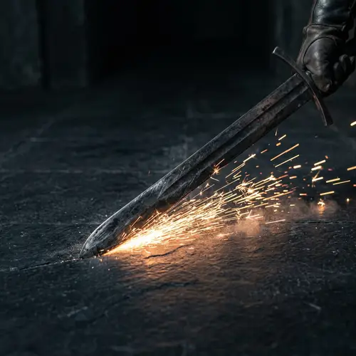 Broad-Bladed Sword Sparks Scraping Black Floor