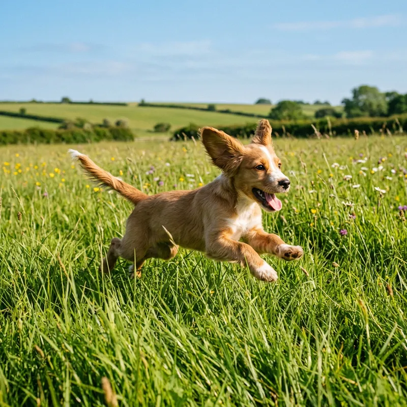Cute Puppy Playing Happily in Green Field