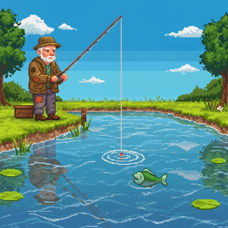 Old Fisherman Casting Rod - Pixel Art Style