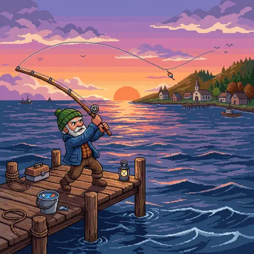 Old Fisherman Casting Rod - Pixel Art Style