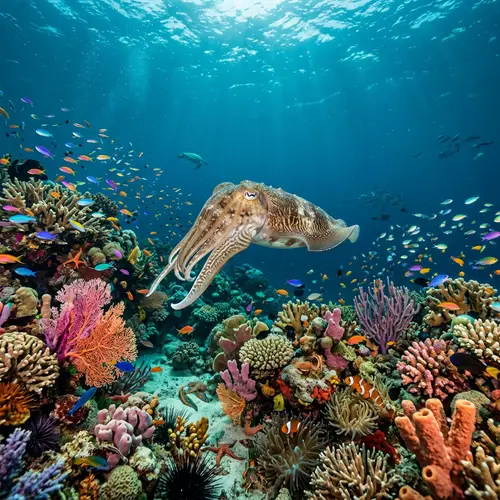 Diverse Marine Life in Deep Ocean: Cuttlefish and Vibrant Reef