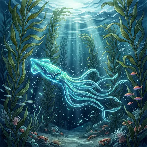 Glowing Squid: Underwater Ballet Amid Luminescent Microorganisms