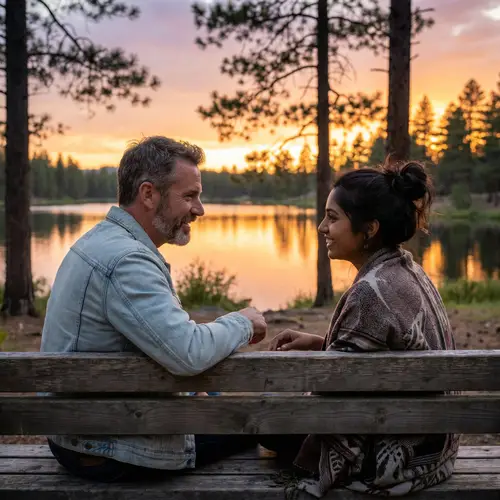 Serene Outdoor Conversation at Sunset: Middle-aged Man & Young Woman