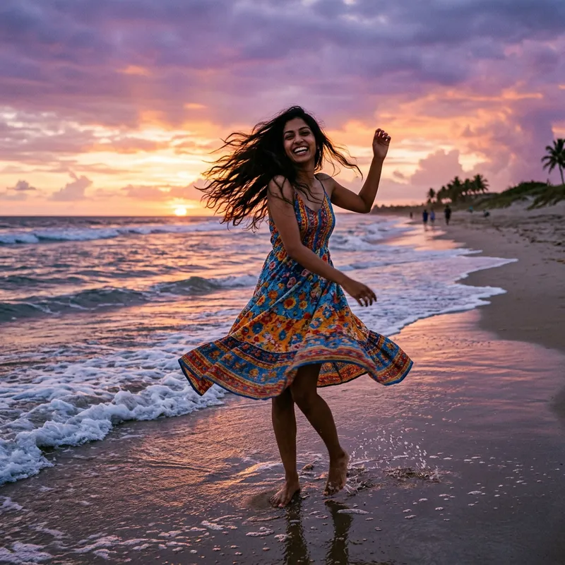 Slim South Asian Woman Dancing on Beach at Sunset
