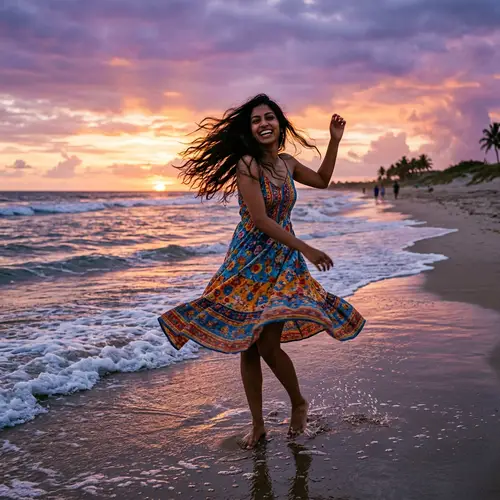 South Asian Woman Dancing on Beach at Sunset