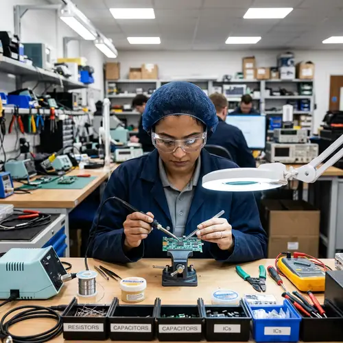 Professional Woman Assembling Tiny Circuit Board in Workshop