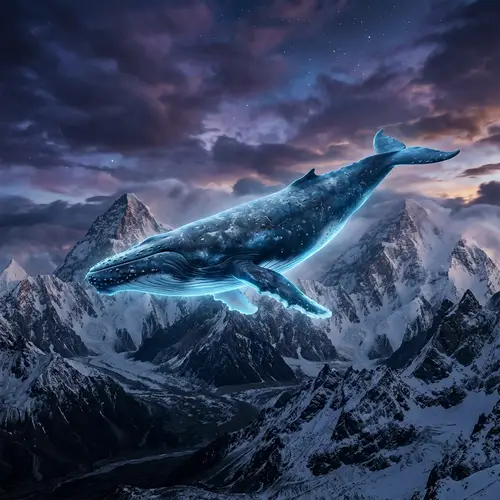 Colossal Blue Whale Amidst Mountainous Terrain - Enchanting Scene